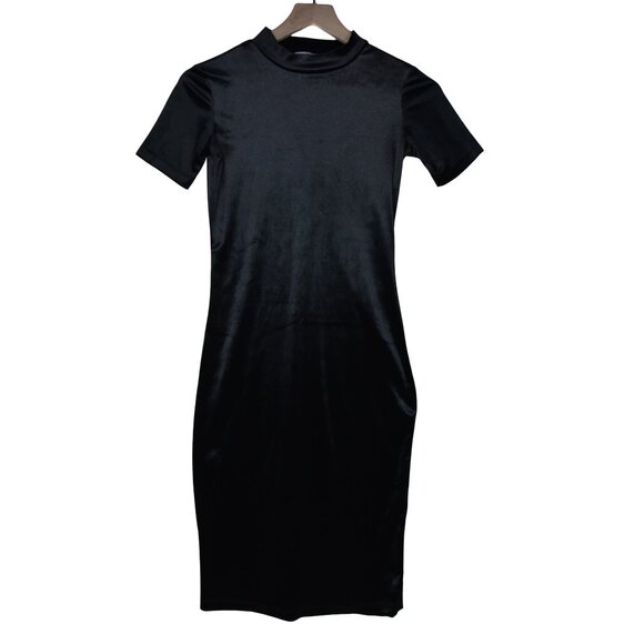 Zara Trafaluc Black Velvet Midi Dress S Mock Neck Minimalist Sleek Fit - Picture 2 of 7